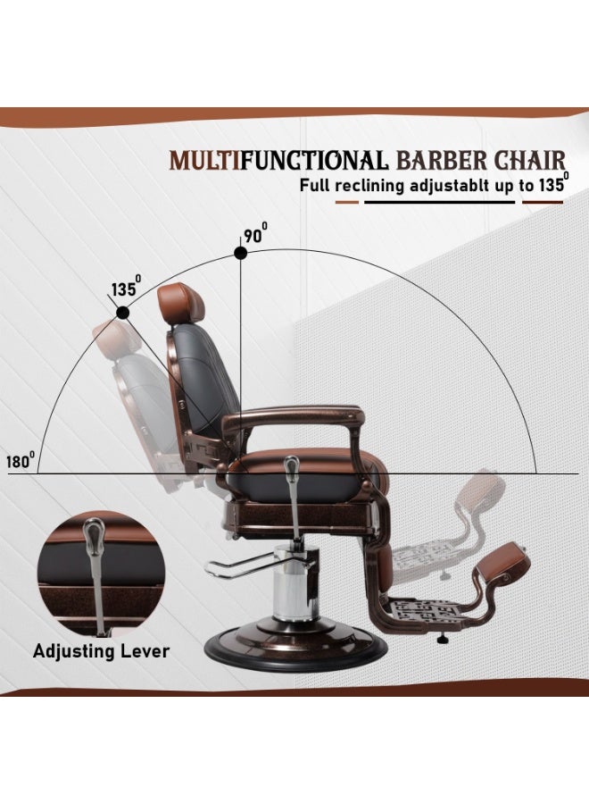 vintage Professional Hydraulic Barber Chair with Reclining Backrest | Heavy-Duty Salon Hair Cutting Chair | Adjustable Headrest, Footrest & Armrests | Premium PU Leather, Classic Vintage Design - Image 3